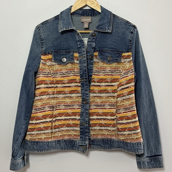 Chico's Cool Weave Denim Jean Jacket Women Sz 1 Medium Boho Artsy Eclectic Retro - Picture 2 of 12